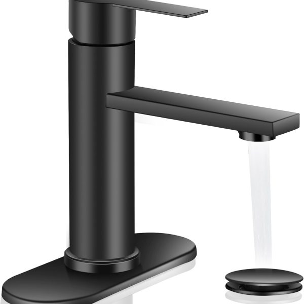Bathroom Faucet — Single-Hole, Single-Handle Lavatory Faucet; Modern Style; Suitable for RVs — Black Finish (Includes Lift-Rod Drain Assembly); Supports 1- or 3-Hole Installation Sink Installation