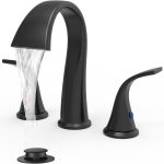 Bathroom Faucet: 3-hole lavatory faucet (includes lift-rod drain assembly and supply hoses); features an 8-inch wide-flow waterfall spout and dual-handle design; suitable for vanities, restrooms, and commercial settings (Black finish).