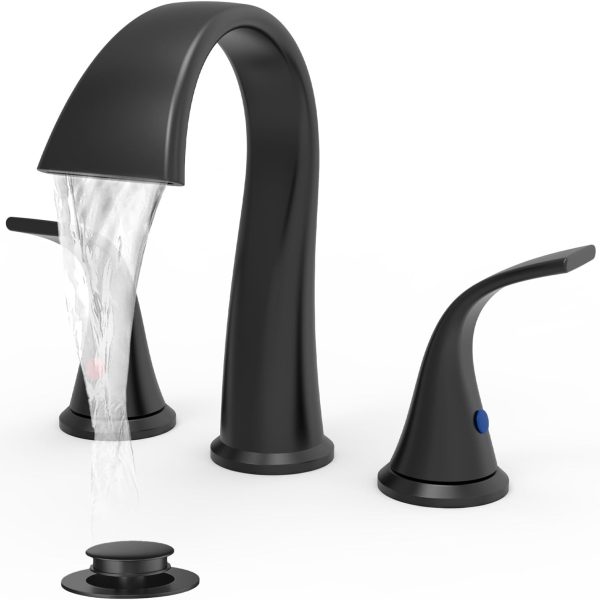 Bathroom Faucet: 3-hole lavatory faucet (includes lift-rod drain assembly and supply hoses); features an 8-inch wide-flow waterfall spout and dual-handle design; suitable for vanities, restrooms, and commercial settings (Black finish).