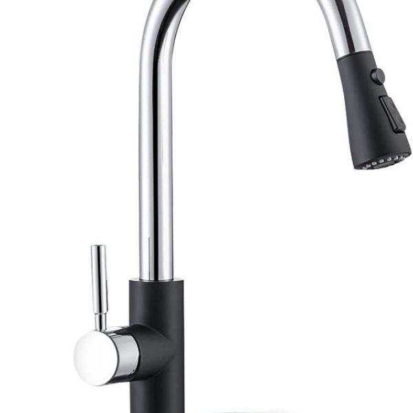 Kitchen Sink Faucet — Pull-Down Design, Two-Tone Black Chrome & Stainless Steel Finish, Single-Handle (Supports 1- or 3-Hole Installation); Suitable for Laundry Rooms, Bar Sinks, and Kitchen Sinks