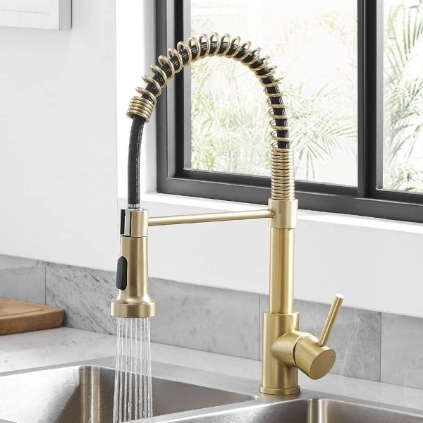 Kitchen Pull-Down Faucet — 304 Stainless Steel Construction, Industrial-Style Single-Handle Single-Hole Faucet; Suitable for Farmhouse, Camper, Laundry Room, Utility Room, RV, and Wet Bar Sinks — Gold Finish