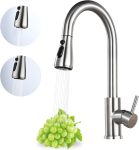 Kitchen Pull-Down Faucet: High-arc, single-handle sink faucet in brushed nickel stainless steel; features 3 spray modes (stream/spray/pause) and 360° rotation; suitable for kitchen sinks.