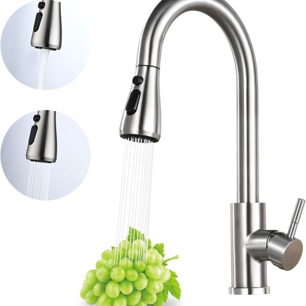 Kitchen Pull-Down Faucet: High-arc, single-handle sink faucet in brushed nickel stainless steel; features 3 spray modes (stream/spray/pause) and 360° rotation; suitable for kitchen sinks.