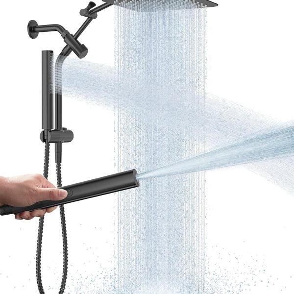 All-Metal 10-Inch Black Showerhead (with Handheld) — Luxury Square Dual Rain Shower Combo, Handheld Unit Features Power Wash Function, Dual High-Pressure Detachable Rain Showerheads with Extension Arm, Bathroom Fixture, Matte Black