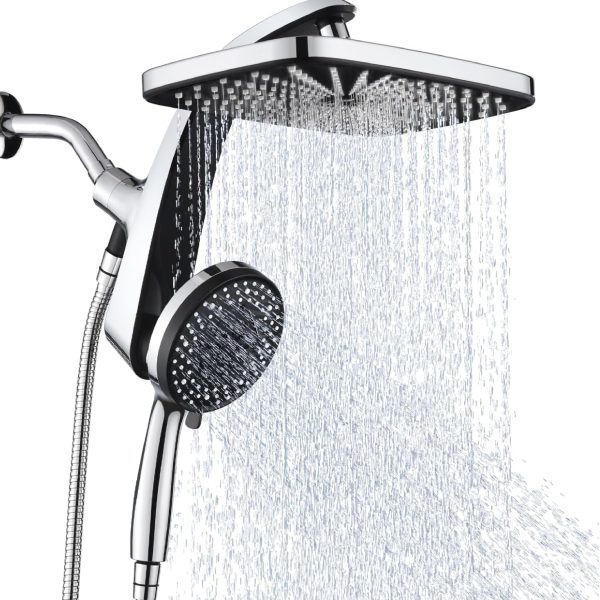 High-Pressure Rain Showerhead — Upgraded Shower Combo Set, Includes Fixed Overhead Head and 10-Spray-Mode Handheld Shower, Detachable Handheld Unit with Built-in Magnetic Docking and Power Jet Function