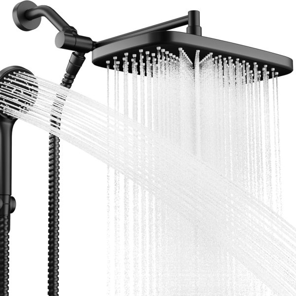Wide-Coverage Rain Showerhead (with 5-Mode Handheld) — High-Pressure Shower Combo Set, Includes Extension Arm, Premium Bathroom Fixture Choice, Adjustable Head with Clog-Resistant Nozzles (Black)